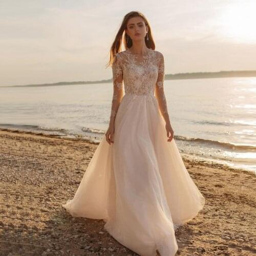 Charming Design O-neck Illusion Lace Appliqued With Pearls A-line Beach Wedding Dress Long Sleeve 2020 Sheer Design Bridal Gowns