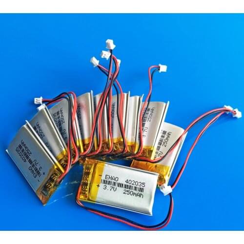 Lot 10 pcs 3.7V 250mAh 402035 JST 1.25mm lithium polymer Lipo rechargeable battery cells for MP3 GPS bluetooth headset video pen