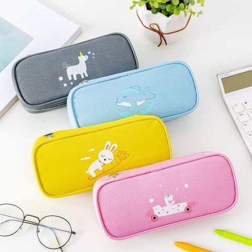 Simple canvas pencil case Cartoon animal pencil bag cute pen case Student stationery storage bag Children school supplies gifts