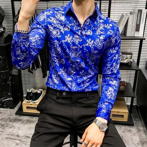 Mens Korean Slim Fit Shirts Floral Print Social Party Camisa Masculina Shirt Casual Men Clothing High Quality Blouse Homme Tops