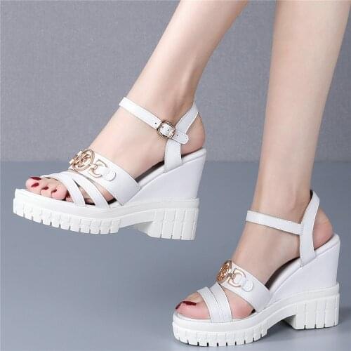 Chic Buckle Shoes Women Genuine Leather Wedges High Heel Gladiator Sandals Female Open Toe Platform Pumps Shoes Casual Shoes