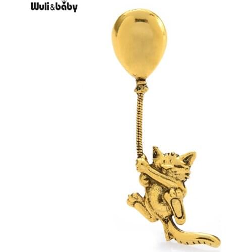 Wuli&baby Vintage Carry Balloon Fly Cat Brooches For Women Very Cute Little Kitty Pets Animal Party Casual Brooch Pin Gifts