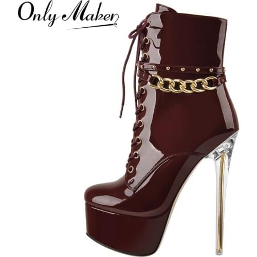 Onlymaker Womens Platform Lace Up Patent Leather Metal Chain Rivet Ankle Booties Zipper Transparent Metal High Heel Pointed Toe