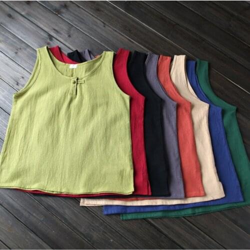 Women Summer Cool Linen Tanks Casual Vintage Chinese Button Knot Tanks Loose Retro Slit Tanks 2016