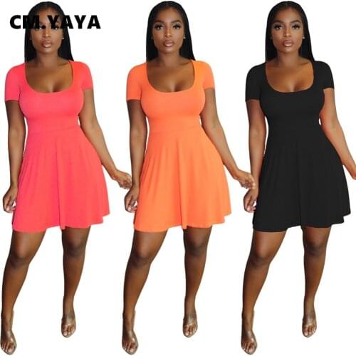 CM.YAYA Women Short Sleeve Basic A-line Mini Dress Fashion Classic Solid O-neck Dresses