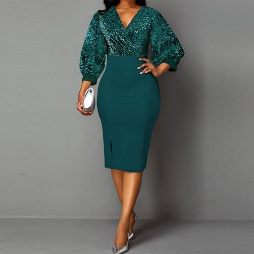 Women Dress 2021 Spring Vintage Sexy V-Neck Bright Silk Long Party Vestidos Casual Plus Size Slim Office Pencil Bodycon Dresses