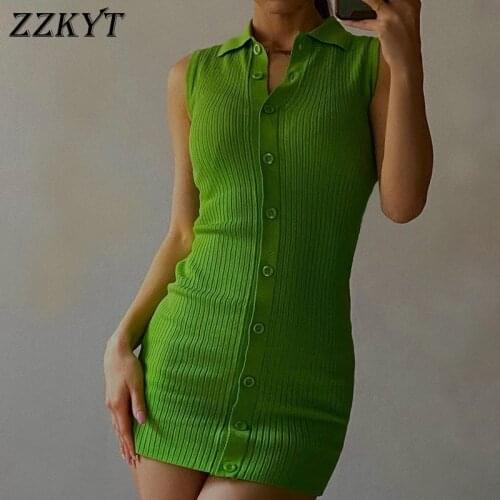 ZZKYT 2021 Women Summer Vintage Green Single Breasted Mini Dress Fashion Polo Collar Sleeveless Female Party Dresses Vestidos