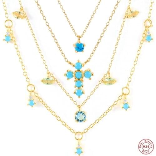 925 Silver Collares Mujer Bohemian Ethnic Turquoise Cross Charms Necklace For Women Loves' Birthday Party Gift Pendant Necklace