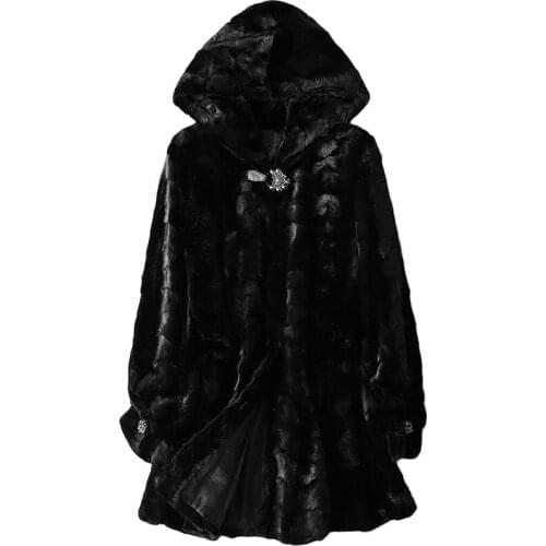 Winter Medium Length Mink Jacket Thick Warm Outwear with Fur Hooded Overcoat Luxury New Style OL Black Mink Fur Coat Large 5xl