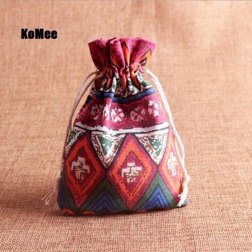 10pcs 10x14cm (3.9" x5.5") Red pattern Linen Cotton Bag Bracelets Jewelry Packaging Bags Christmas Drawstring Jewelry Pouches