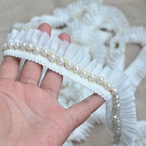 20Yds White Tulle Pearls Lace Fabric Trim Ribbon Collar Neckline Ruffle Pleated Ribbon DIY Sewing Curtain Dress Guipure Supplies
