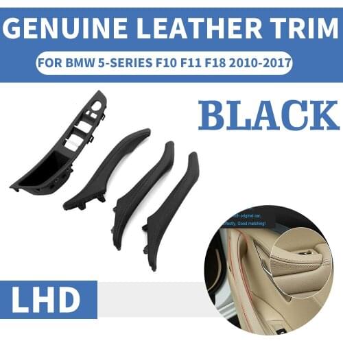 4PCS Genuine Leather Left Hand Drive LHD For BMW 5 series F10 F11 F18 Black Car Interior Door Handle Inner Panel Pull Trim Cover