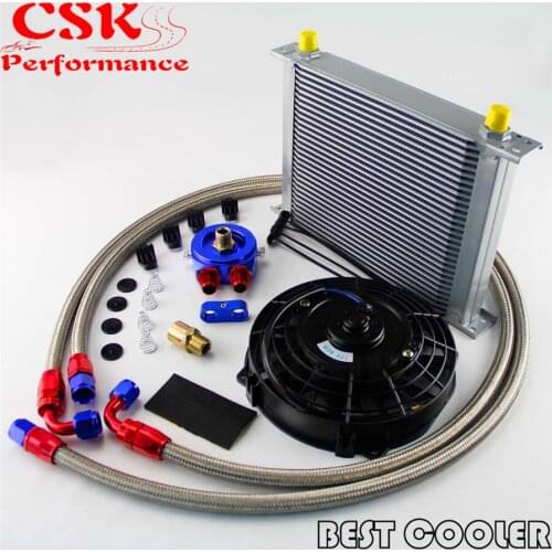 8AN 30 Row Universal Engine Oil Cooler w/ AN-8 Filter Adapter Hose Kit +7" Universal Fan kits