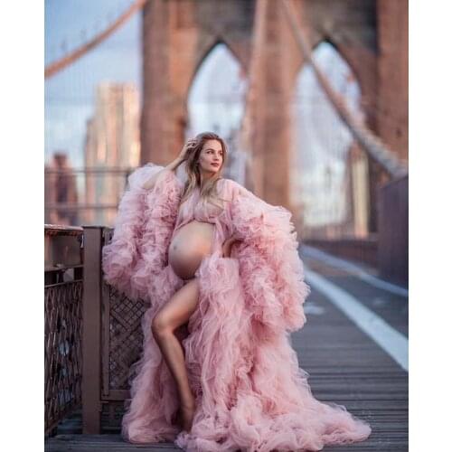 Pregnant Prom Dress Photo Bathrobe Pajam Robe Sexy Long Sleeves Lace Tulle Gowns Custom Made Bathrobe Mesh Prom Bridesmaid Gowns