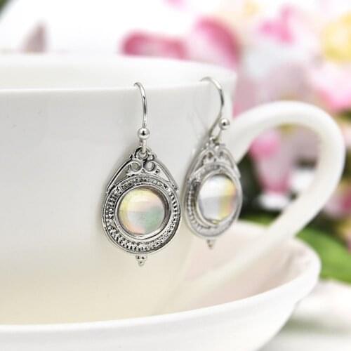 Bohe Style Geometry Moonstone Drop Earrings For Women Vintage Round Red Blue Opal Earrings Female Zircon Wedding Jewelry 2020
