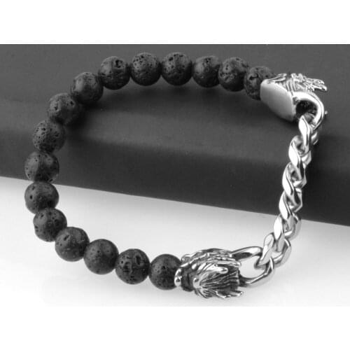 Elegant Style Stainless Steel Black Silver Color Beads 3D Dragon Head Cuban Chain Bracelet Cuff Bangle Mens Boys Jewelry 8mm
