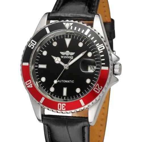WINNER 2019 New Mens Watches Top Brand Luxury Automatic Mechanical Contrast Color Genuine Leather Strap Calendar Wristwatch Men