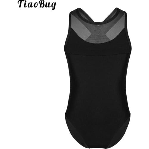 TiaoBug Kids Girls Sleeveless Mesh Splice Criss-Cross Cutout Back Ballet Dance Gymnastics Leotard Jumpsuit Bodysuit