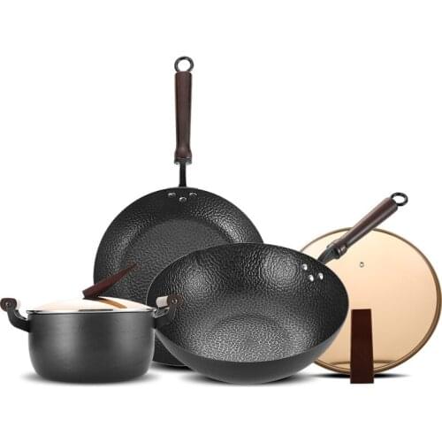 Forged old iron pan three-piece pan uncoated deep grain non-stick frying pan factory direct sale induction cooker