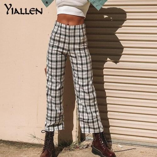 Yiallen Summer Tartan Black White Patchwork women pant 2021Chic Plaid trousers Fashion Straight Pant Retro Long Pants Streetwear