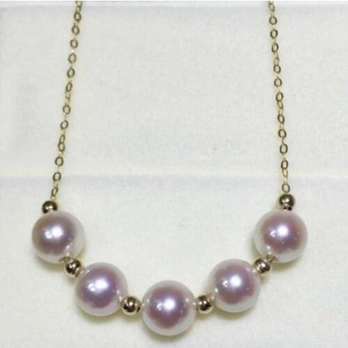 Cute 6.5-7mm 5pearls Japan Akoya white round pearl pendant 18inch 18k solid gold