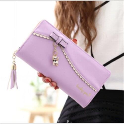Fashion Womens Wallet New Korea Sweet Long Wallet Bow Lady Kitten Pendant Wallet Solid Card Holder Women Clutch Handbag Bag