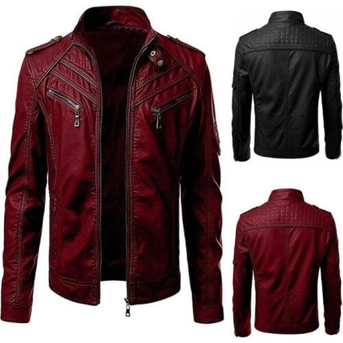 Mens Leather Jacket Long Sleeve Solid Color Patchwork Stand Collar PU Cardigan Jacket Fit Type Zipper Coat