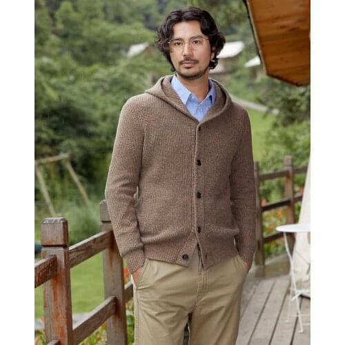 Zhili Mens Knit Thick 100% Merino Wool Button Down Cardigan with Hooded