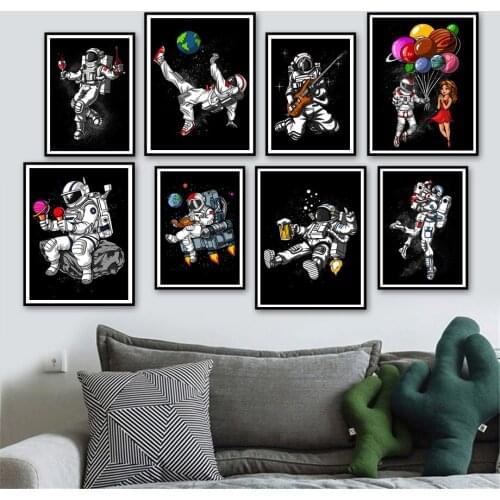 Funny Cartoon Outer Space Astronaut Planet Wall Art Canvas Painting Nordic Posters And Prints Pictures for Kids Boy Room Decor