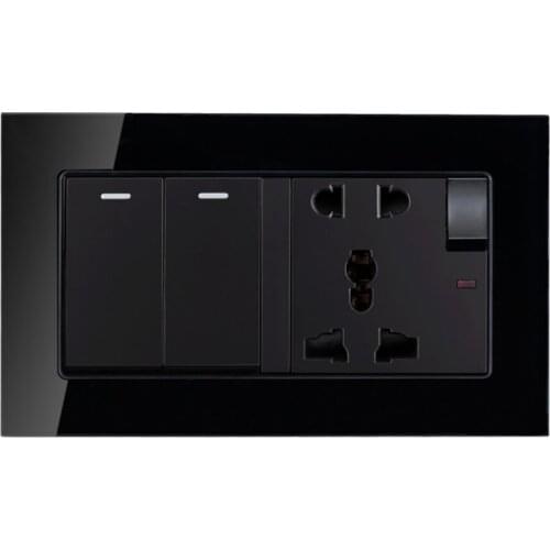 EU Standard Wall Power Socket + 2 Gang 1 Way On / Off Light Switch With LED Indicator Toughened glass panel 146mm*86mm