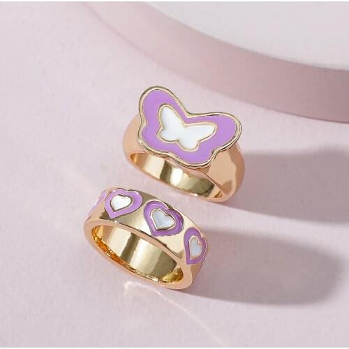2021 New Trendy Colorful Oil Drop Color Metal Stacked Rings Set for Women Girls Cute Y2K Enamel Heart Butterfly Ring Jewelry