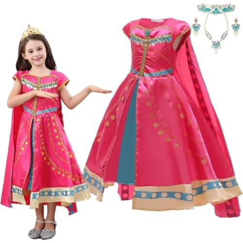MUABABY New Movie Jasmine Role Playing Dress For Girls Kids PrincessTassel Printing Costumes Children Elegant Fancy Outfits