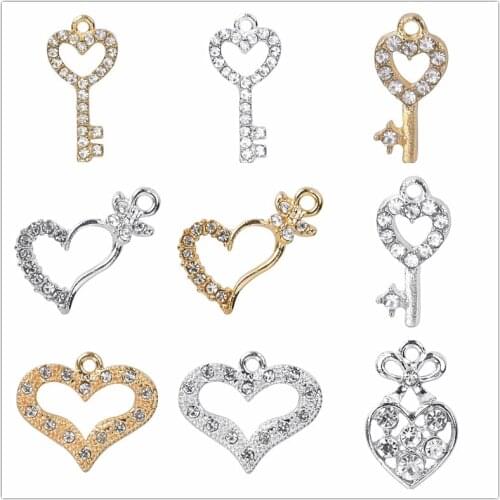 10pcs Rhinestone Heart Pendants For Women Men Accessories Key Charms Love DIY Jewelry Making Supplies Handmade Earrings Necklace