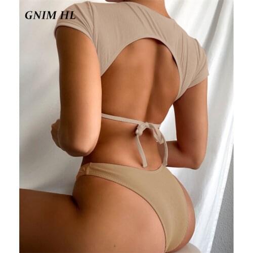 GNIM Sexy Sport Bikini Swimwear Women Push Up 2 Pieces Set Solid Backless Beachwear Short Sleeve Swimsuit Female Bathing Suit