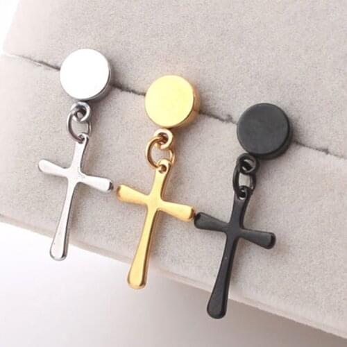 1 pair 2 Pieces Sell Whole Titanium Steel Steel Black Golden Cross Trendy Cool Men Stud Earrings For Men Dress pierced earring