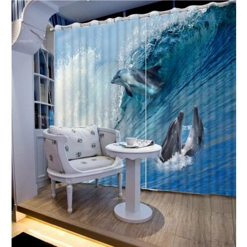 Custom curtains Blackout curtain Ocean waves Dolphins blue curtains for kids room modern living room curtains