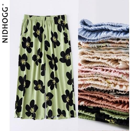 Summer Fresh Satin Home Pants New Multi-color Printed Wide-legged Pants Women Elastic Waist Sleep Bottoms Calf-Length Pants