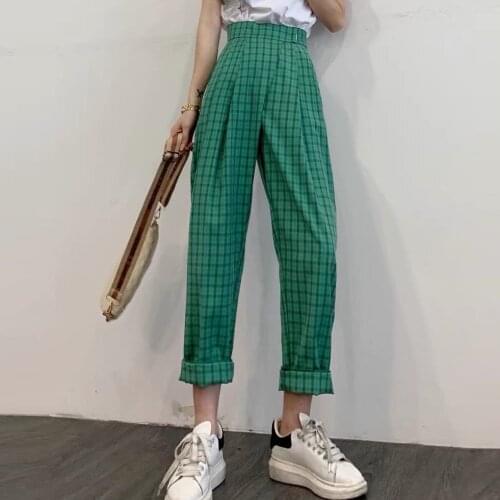 Bella Philosophy Summer Check Casual Pants Ladies Plaid Harem Pants Female Loose High Waist Leggings Yellow Green