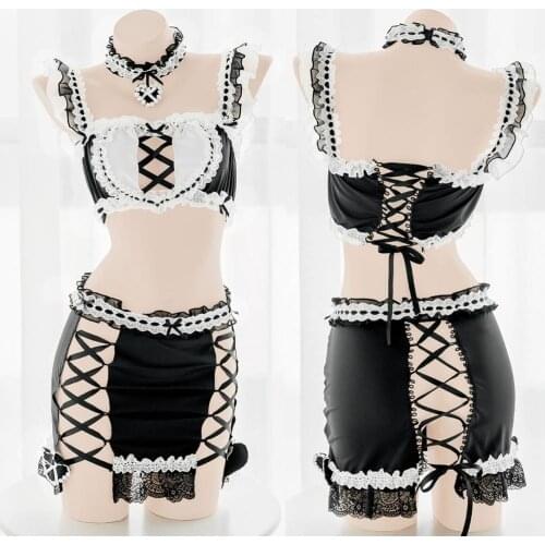 Womens Lace Hollow Ribbon Perspective Set Open Chest Lingerie Set Cute Black White Patchwork Love Hollow Out Lolita Underwear