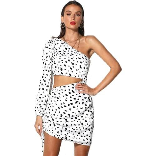 Polka Dot Dress For Women 2021 Summer New Fashion Short Slanted Shoulder Top Two-piece Drawstring Pleated Dresses Female LR1137