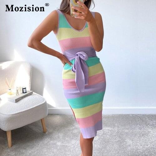 Mozision Patchwork Stripe Sleeveless Knitted Dress For Women Summer V Neck Lace Up Midi Dresses Female Casual Long Dress Fashion