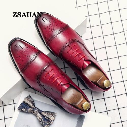 ZSAUAN Red Brown Sharp Brogue Dress Shoe for Men Formal Occasions Groom Wedding Suit PU Leather Shoes Cap-toe Big Size Red Brown