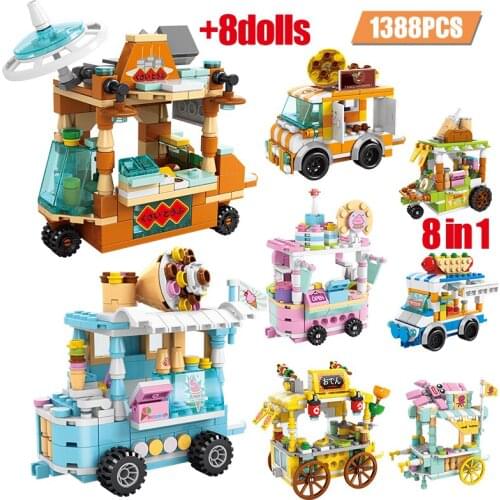 1388 Pcs 8 in 1 City Trolley Car Food Stall Store Building Blocks Friends Vehicle Figures Bricks DIY Toys for Children Gifts
