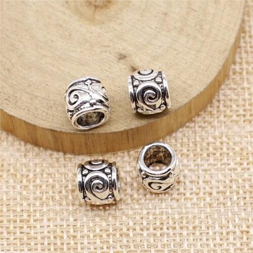 46pcs 9x9x8mm antique silver Engraved threaded large hole beads charms diy retro jewelry fit Earring keychain pendant