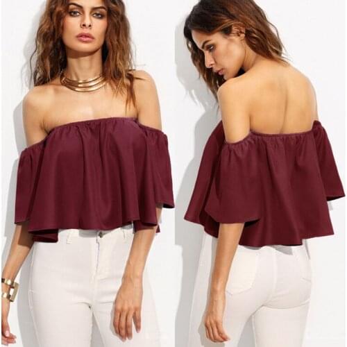 New Sexy Women Loose Off Shoulder Tops Flare Short Sleeve Blouse Ladies Casual Fashion Tops Solid Red Blue White For Summer
