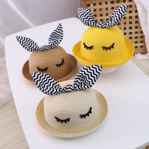 Childrens Summer Straw Hat Creative Cute Squinted Rabbit Ears Sun Hat Outdoor Sunscreen Sunscreen Beach Hat For Boys And Girls