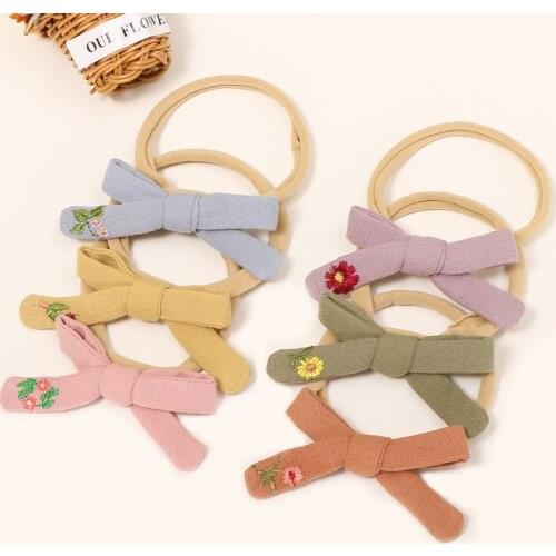 Ethnic embroidery small flower headband cotton and linen bowknot childrens headband, non-marking nylon small headband