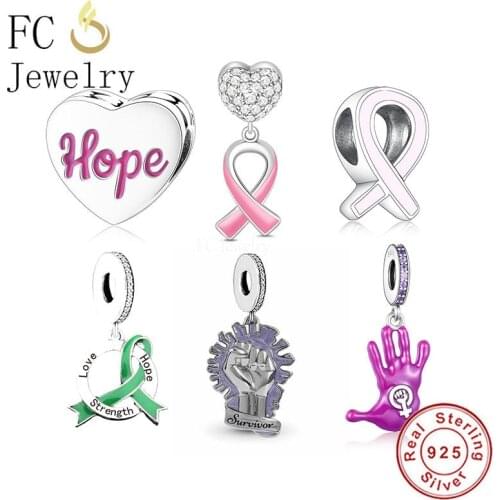 FC Jewelry 925 Sterling Silver Pink Ribbon Breast Cancer Awareness Hope Charm Bead Fit Original Charms Bracelet For Women 2021