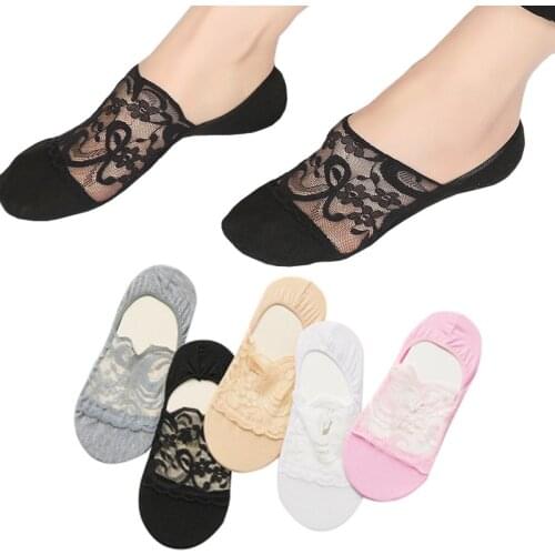 Hot Sale 1Pair Summer Short Thin Lace Boat Socks Base Anti - skid Women Hollow Out Short Socks