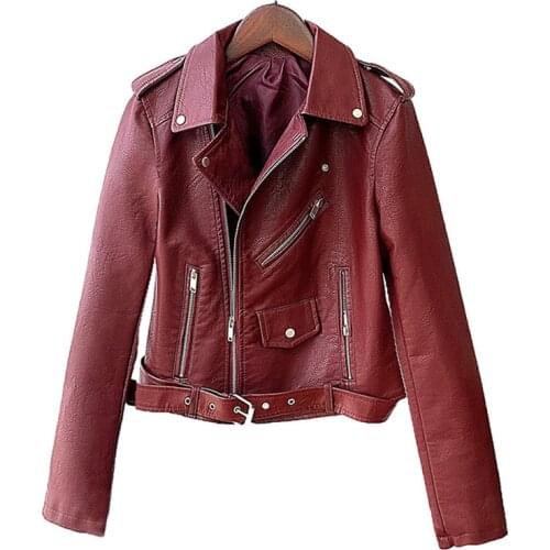 Casual Short Turn Down Collar Pu Leather Jackets for Ladies Plus Size Slim Womans Faux Leather Jackets Belt Moto Biker Coats